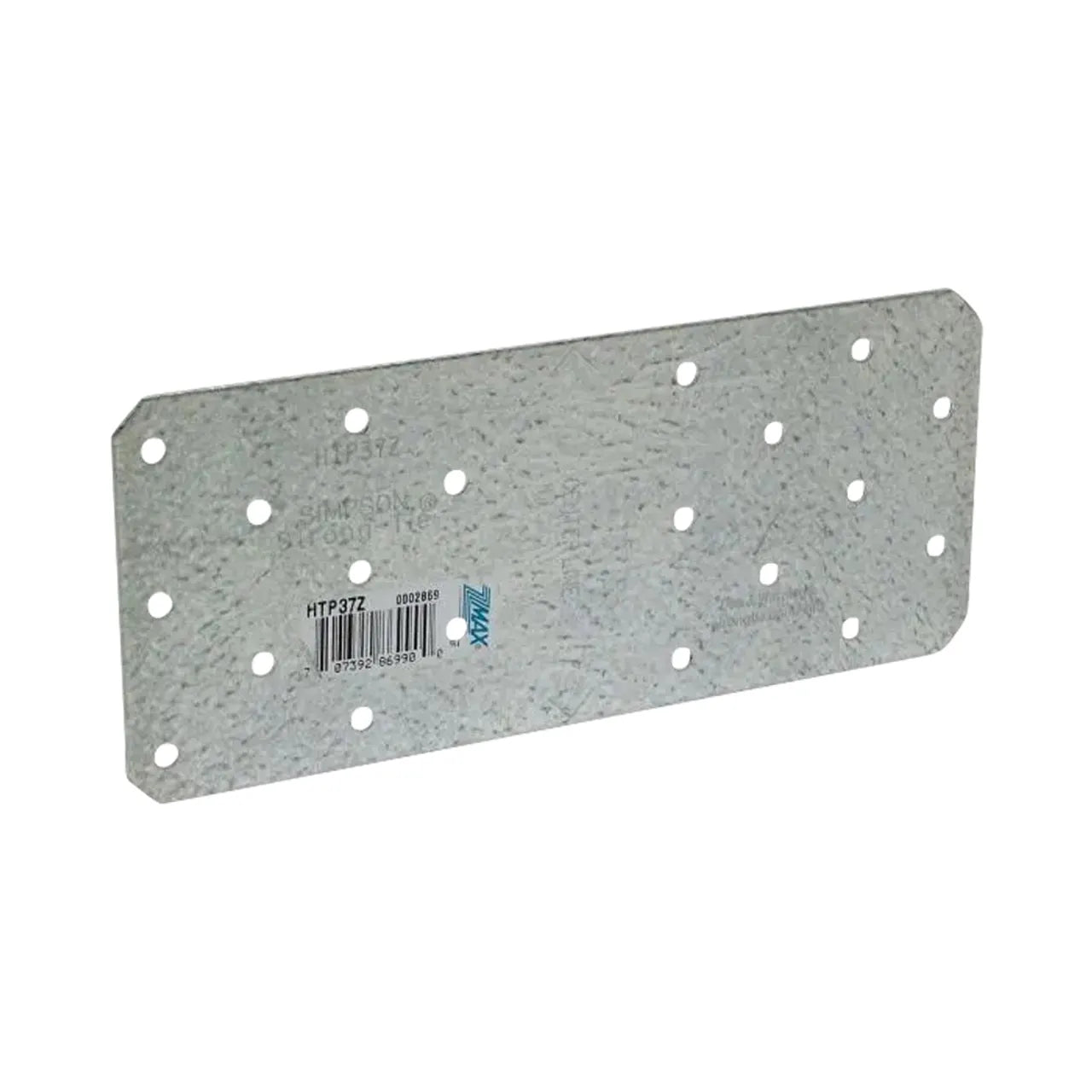 The Go Build HTP 3 in. x 7 in. ZMAX Galvanized Heavy Tie Plate, with multiple round holes and a textured surface featuring rounded corners and a barcode label on the left, is crafted for durability and ideal for construction or carpentry tasks.